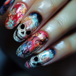 Fashion Halloween Skull Gold Foil Press On Nails,