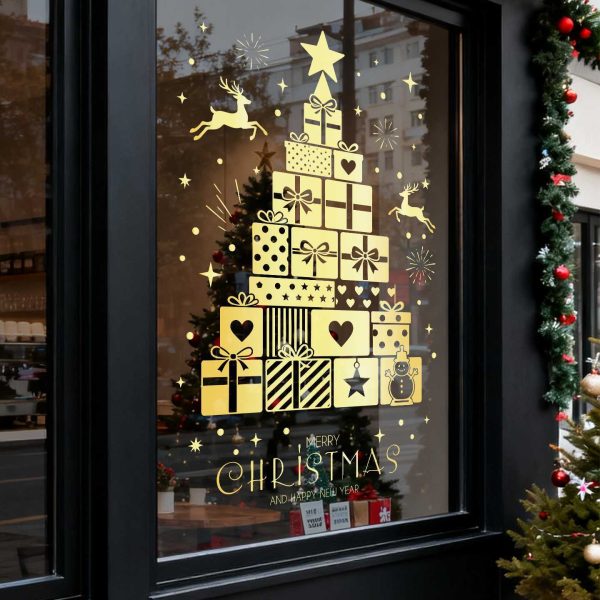 Radiant Golden Christmas Gift Window Sticker