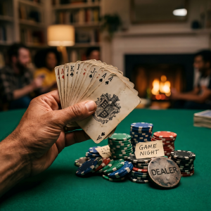 home poker night setup with poker chips and playing cards