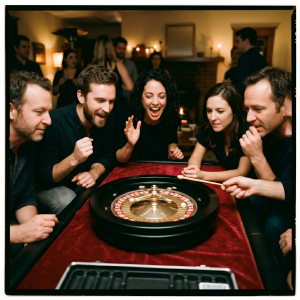 Group Reacting To Roulette Results During A Casino Themed Party