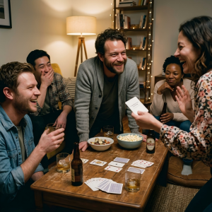 Adults Laughing During A Storytelling Party Game