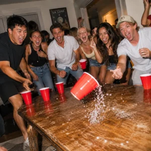Energetic Flip Cup Team Drinking Game At A House Party
