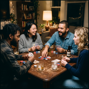 Friends Enjoying A Poker Night At Home With Chips And Cards