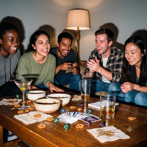 Friends Enjoying Popular Party Games And Laughing At A Home Party