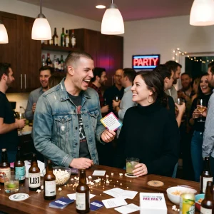 Friends Mingling And Playing Interactive Party Games At A Kitchen Island