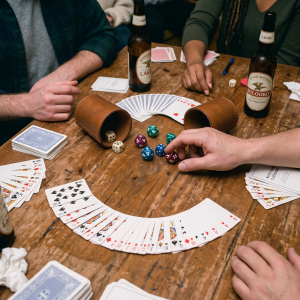 Friends Playing Liar's Dice Drinking Game
