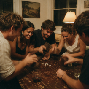 Friends Playing Liar’s Dice Around Table Laughing