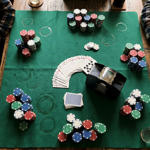 Home Poker Table Setup With Poker Chips Set And Cards