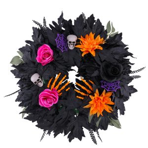 Halloween Wreath Decoration With Black Foliage And Skull Accents