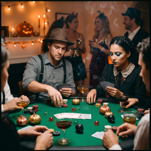 Halloween Casino Night Theme With Cards Dice And Party Guests