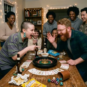 Friends Cheering Around A Home Roulette Party Game