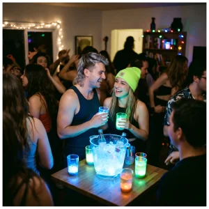 Friends Enjoying A Glowing Led Drinking Party Game At Home