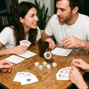 Friends Playing A Bluffing Strategy Game With Leather Dice Cups