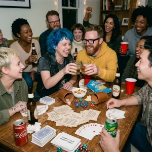 Friends Toasting During A Fun Home Card Game