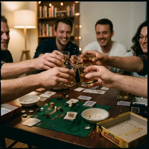 Friends Toasting Over A Party Game Board