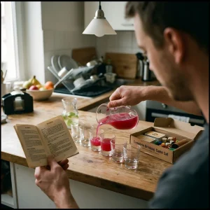Host Preparing A Drinking Game Set