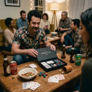 Host Setting Up A Premium Home Party Game Bundle