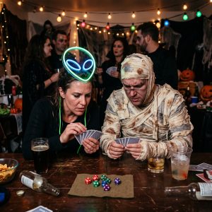 Costumed Friends Playing Games